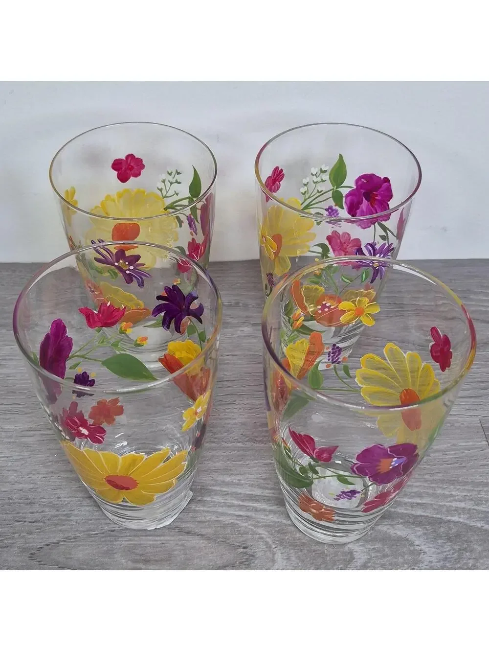 Pier 1 Tall Tumbler Set of 4 Mouth Blown Painted Floral Summer Glasses